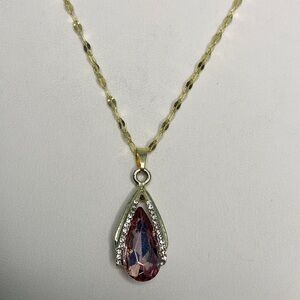 5/$15 Gold Teardrop Pink Crystal Pendant Necklace